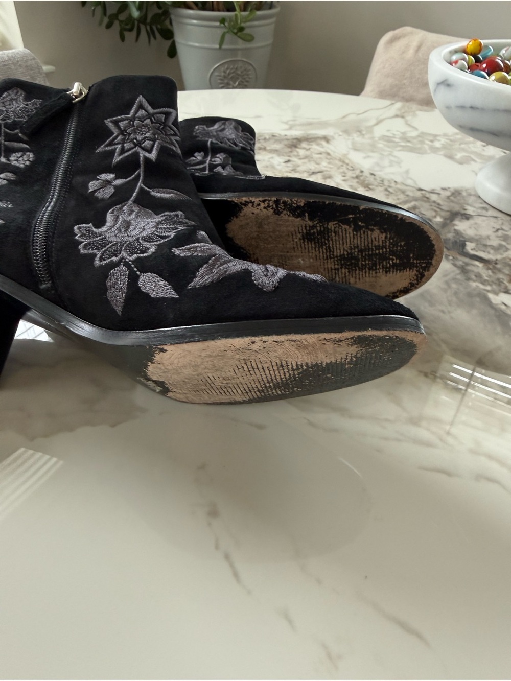 Johnny Was Black Suede Ankle Boots with Silver-Gray Floral Embroidery - Picture 6 of 9